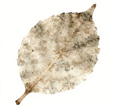 A sophisticated photograph of a single leaf, macro detail, with a soft watercolor overlay in shades of #6F5E52 and #F5F2EF, elegant and serene composition.