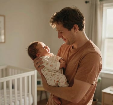 Intimate lifestyle photography of parents holding their newborn in a sun-lit nursery in a North American / US home. Warm, Soft Sand and Terracotta tones, cinematic lighting, and authentic emotion.