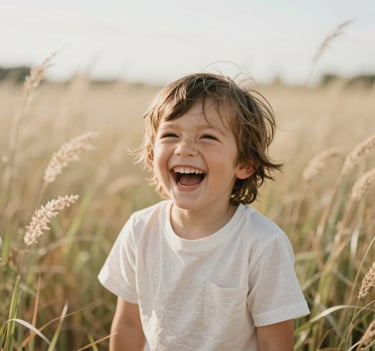 A photography shot of a child laughing in a field of tall grass in West Michigan, captured with a shallow depth of field. The light is bright and airy, reflecting a joyful and genuine emotion. The color palette features soft creams and natural browns.
