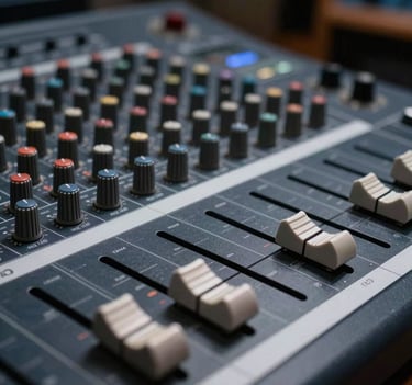 Close-up of professional audio mixer faders in a sleek, modern recording studio. Soft lighting highlights the metallic textures. Mood of technical precision and professional excellence, featuring dark navy and blue gray tones. Southern European / Spanish setting.