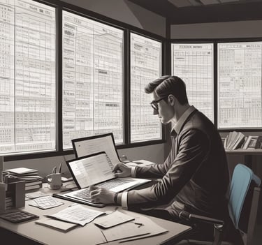 A person is working on a laptop at a table, focusing on a software interface displayed on the screen. The interface appears technical or related to programming and data flow. The setting seems to be a modern indoor office or study area with a window in the background.