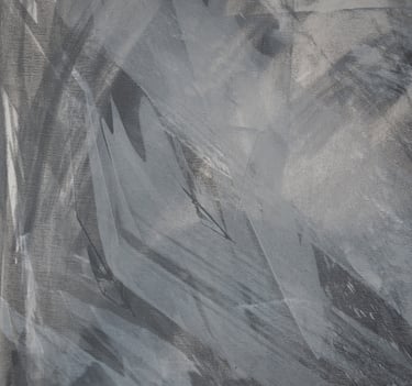 Abstract gray and white acrylic painting on textured canvas with expressive brushstrokes.