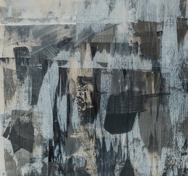 Abstract expressionist painting featuring textured black, white, and grey brushstrokes on canvas.
