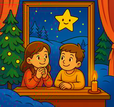 Zwei Kinder am Fenster, über ihnen Lumi aus "Lumi - Ein kleines Weihnachtswunder"