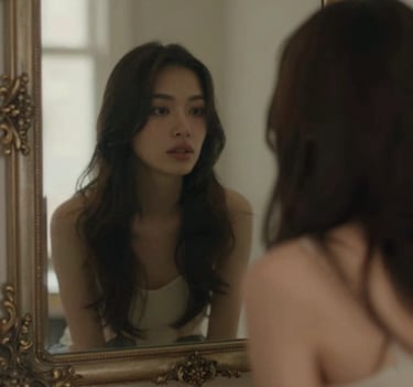 A grainy, film-style photograph showing a blurred reflection of a woman with long hair in a vintage mirror. The lighting is soft and natural, coming from a side window. The colors are muted charcoal #3E352B and warm cream #F8F3EC. The mood is introspective and quiet.