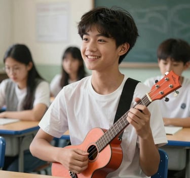 A candid photograph of a happy student in a International / English-speaking music classroom, holding a Vibrant Coral ukulele and smiling. High-key lighting, professional and warm atmosphere.