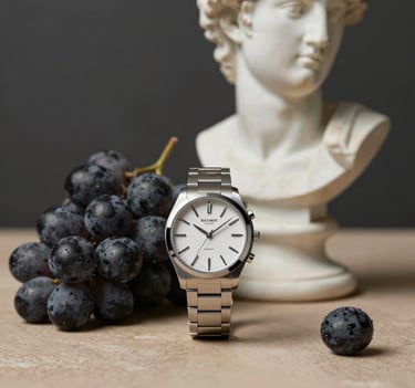 Artistic still life composition featuring classical elements like grapes and a marble bust, juxtaposed with a modern designer watch. Lighting is hard and direct, highlighting textures. Palette includes charcoal #363131 and sand #D5BFB3.