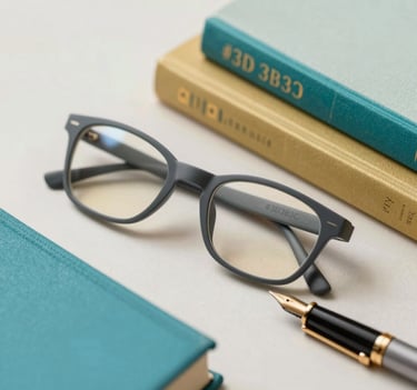 A flat-lay photograph showing professional librarian tools: a #3D3B3C dark gray pair of glasses, a vintage fountain pen, and three vibrant book spines in teal, gold, and off-white. The lighting is soft and artistic.
