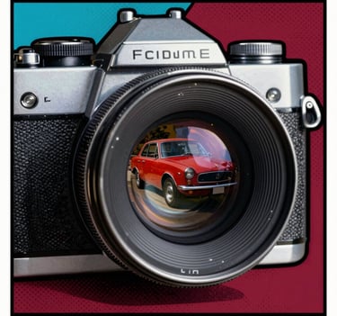 Pop Art graphic illustration in the style of Jean-Luc Godard's movie posters. A close-up of a vintage camera lens reflecting a red car. Thick black comic book outlines, halftone dot patterns on the shadows, flat color blocks of #0050B3 and #D4202B. Film grain texture throughout.