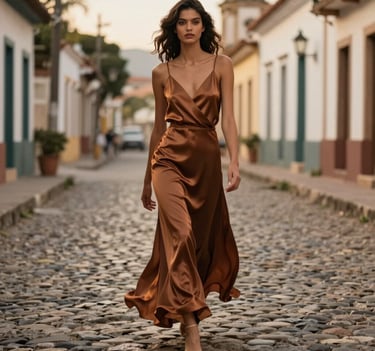 An elegant, cinematic photograph of a Brazilian / South American model walking down an old cobbled street in a historic town. She wears a flowy, sophisticated warm brown silk dress from the legacy collection. Soft golden hour light, high fashion magazine editorial style.