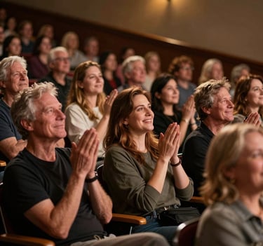A soft-focus shot of an appreciative audience in a small North American / US theater, warm golden light spilling over the crowd, capturing a moment of quiet connection.