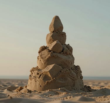 A vertical composition of a tall, tapering sand tower standing against a soft sand colored sky. The lighting is soft and contemplative, suggesting a quiet beach afternoon. The sand art appears almost like carved stone under the cinematic, warm light.