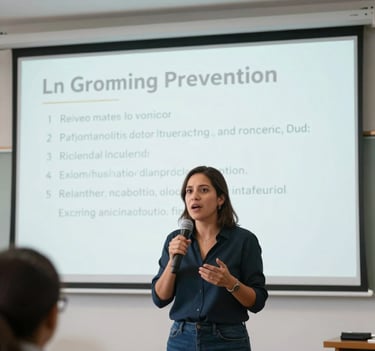 A high-quality action photograph of a Mexican female academic speaking passionately during an online grooming prevention seminar, using a clean projector showing safety guidelines on a pristine white wall.