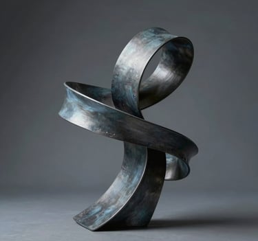 An abstract 3D sculpture composed of flowing metallic ribbons. The palette is a mix of muted slate blue-grey and dark charcoal grey, illuminated by a single soft light source in a studio setting.