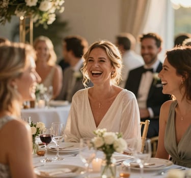 A sophisticated candid shot of wedding guests laughing during a reception, warm golden hour lighting, soft focus on the background showing #F5F2F0 linens and #6A5F60 decor, elegant and joyful atmosphere.