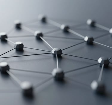 A sophisticated, abstract 3D render of a data network mesh, using muted tones of #4A6D7C and #1A2C38, symbolizing complex governance systems and technological connectivity. High-end professional lighting with soft shadows.