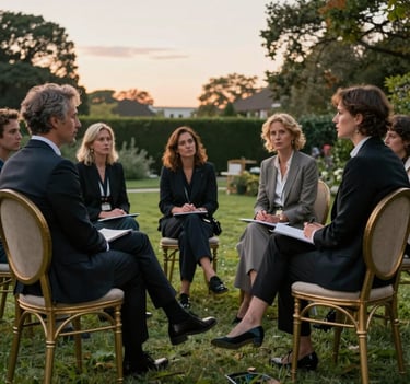 A group of elegant creative professionals in a International / Global Art Scene garden setting during sunset. They are seated in Muted Antique Gold chairs, engaged in an inspiring artistic critique. Sophisticated, professional atmosphere.