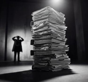 Persona abrumada y estresada frente a montañas de papeleo al tramitar tu retiro.