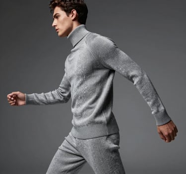 A dynamic shot of the model in motion, blurred background in charcoal grey. He is wearing high-end fashion knitwear in silver grey. The lighting is directional, highlighting the fabric texture and the model's profile.