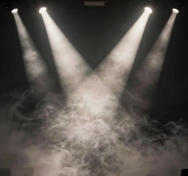 Abstract photography of intense stage spotlights piercing through a thick layer of smoke, creating geometric patterns, minimalist composition in black and off-white, rock-and-roll atmosphere, Western European / Dutch venue context.