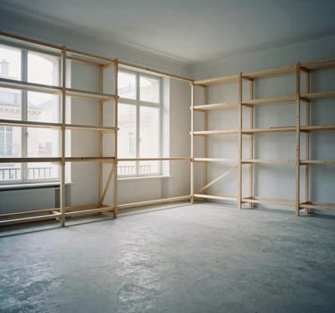 A wide-angle photography shot of an empty, high-end film set in a Parisian loft. The composition shows wooden scaffolding and translucent panels. Natural, soft daylight from large windows creates an immersive, minimalist atmosphere. The color palette includes slate gray and off-white tones. Western European / French context.