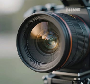 A close-up, artistic shot of a high-end cinema camera lens reflecting soft golden light. The background is a blurred garden scene with #CFC7BB and #6E6D74 tones, embodying professional elegance.