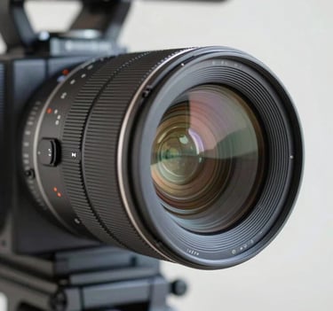 Extreme close-up of a high-end cinema camera lens reflecting a soft studio light setup. The image features a mix of metallic textures and glass, incorporating the brand colors #8C9CA6 and #F2F5F7 in the highlights.