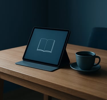 A minimalist wooden desk in a modern South American home office, a digital tablet propped up showing an elegant book cover, a single cup of coffee, lighting in dark blue and steel blue tones.