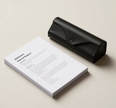 A minimalist composition of a spectacles case and a stack of printed policy reports on a light cream surface. The aesthetic is clean, professional, and intellectually focused, with deep espresso shadows.
