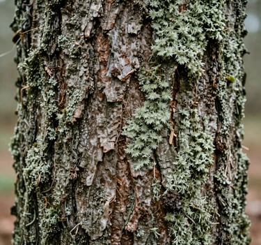 Macro photography of textured tree bark covered in soft green moss. Soft natural lighting in a North American woodland. Earth brown and muted sage tones dominate the frame. High detail, clean aesthetic.
