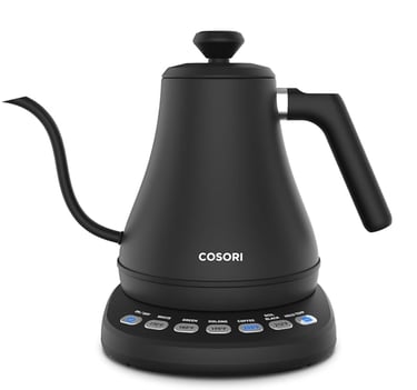 Matte black Cosori electric gooseneck kettle with temperature control base for coffee and tea brewing.