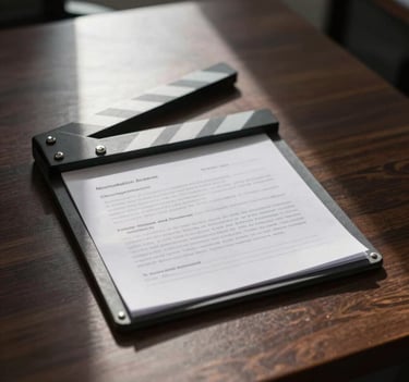 A polished desk in a North American / US office with a script and a charcoal gray producer's slate, dramatic noir shadows across the surface.