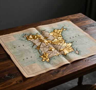 Photography of an antique map of Angola resting on a dark wood table, illuminated by a single spotlight, featuring gold leaf details and a dark slate grey environment.