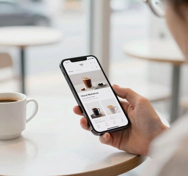 A person using a smartphone to navigate a modern, minimalist website while sitting in a bright North American / US coffee shop, soft natural lighting and pure white tones.