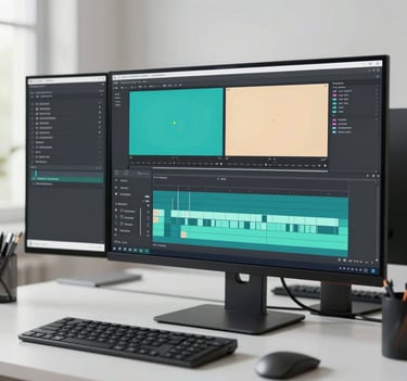 A clean, modern workspace with a high-end dual-monitor setup showing a complex video editing timeline with Teal and Soft Sand UI elements, illuminated by soft natural light, conveying professional craftsmanship.