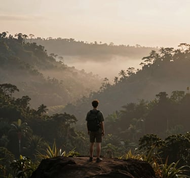 A vertical shot of a solo traveler looking over a misty Bali jungle valley at dawn. Soft, ethereal light with a warm glow, featuring deep brown shadows (#2C2B29) and soft beige highlights (#D4C7BB). Minimalist and peaceful.