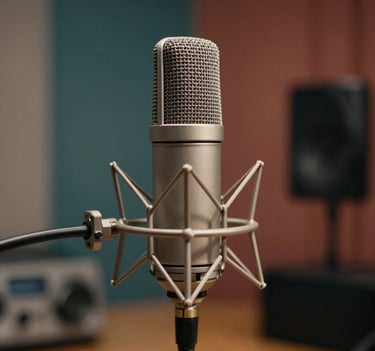 A high-end professional condenser microphone in a cozy, sound-treated North American studio. The lighting is warm and cinematic, featuring muted teal and terracotta tones in the background bokeh.