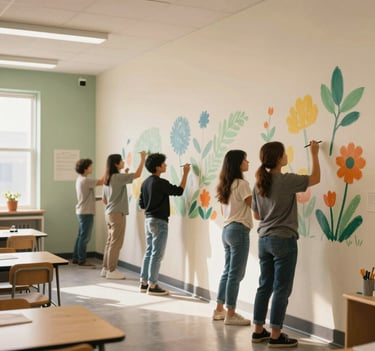 A wide shot of a brightly lit North American / US classroom studio where a collaborative large-scale mural is being painted on a canvas wall. Warm natural light fills the room, highlighting soft cream and sage green wall accents. Professional photography style with a shallow depth of field.