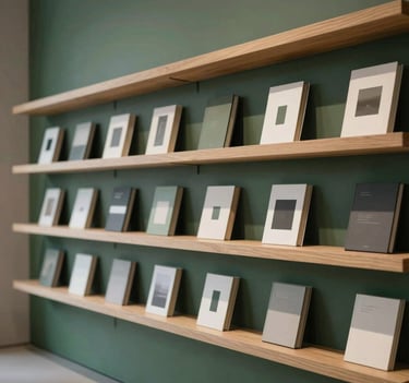 Sophisticated architectural detail of a gallery interior with floating wooden shelves displaying minimalist art books. Natural, soft lighting highlights the clean lines and refined atmosphere. Palette features deep greens and soft grays.