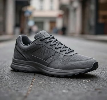 Crisp photography of a designer sneaker showing intricate textures on a minimalist charcoal gray surface. Luxury fashion aesthetic in a Turkish / Istanbul environment.