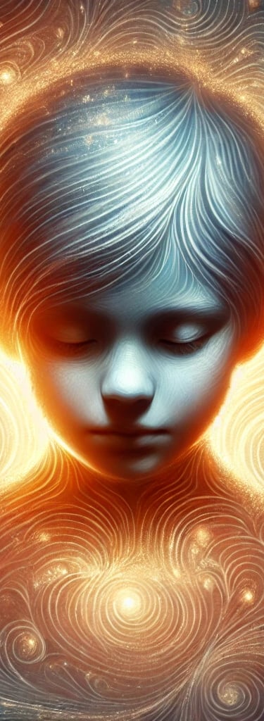 a young boy with a glowing light shining through his eyes