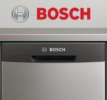 Close-up image of a stainless steel Bosch dishwasher with the Bosch logo prominently displayed
