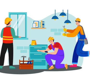 a man and woman working on a desk in a room in home withe adom.ma