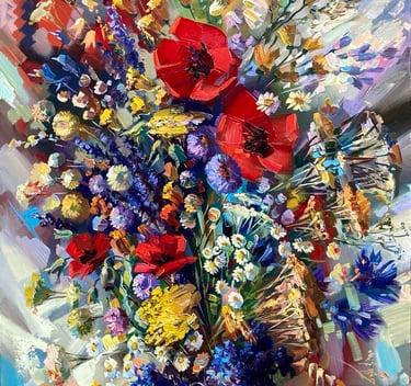 Colorful floral painting by Meruzhan Khachatryan featuring expressive flowers and vibrant colors