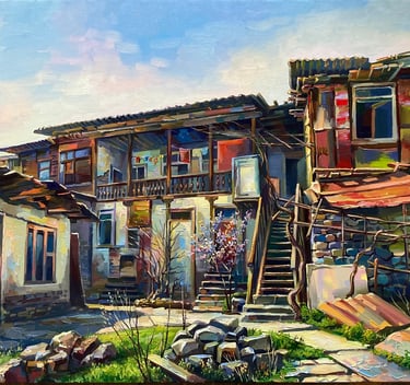 Original cityscape painting by Meruzhan Khachatryan depicting traditional urban architecture