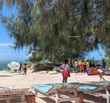 Ocean Lodge beach with sun loungers, wingfoil and kitesurf in Sakalava Bay