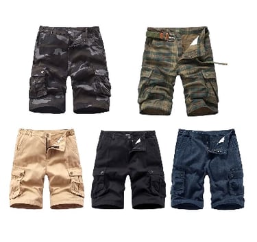 Assorted men's cotton cargo shorts in camo, plaid, khaki, black, and navy blue styles.