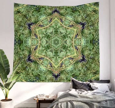 Digital image featuring an abstract forest kaleidoscope design on a Wall Tapestry. 