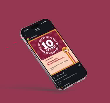 iPhone showing Royal Jester Games 10 year social post