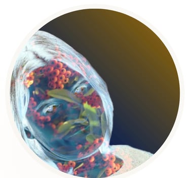 Double exposure portrait of Xirkys visual artist merged with orange berries and green leaves 2015